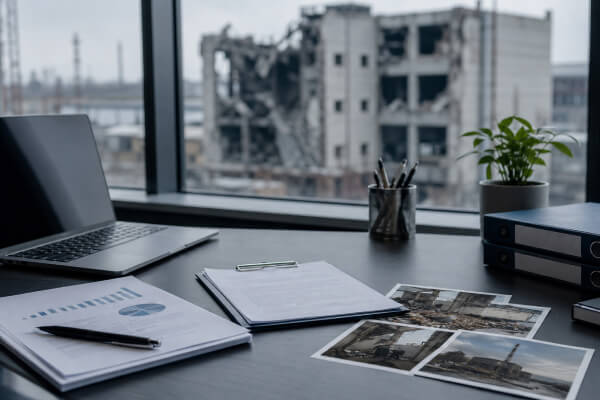 Робочий стіл з документами, ноутбуком і фотографіями пошкодженої промислової будівлі після обстрілу