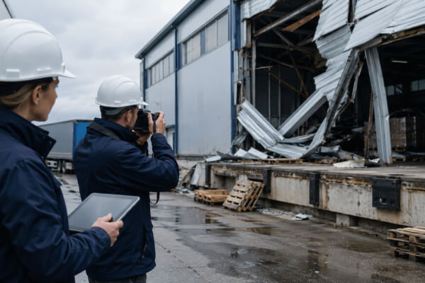 Фахівці проводять фотофіксацію пошкодженої промислової будівлі після руйнування
